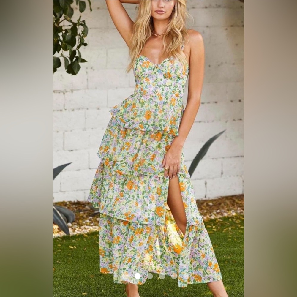 ASTR the label green floral tiered dress with corset and button bodice